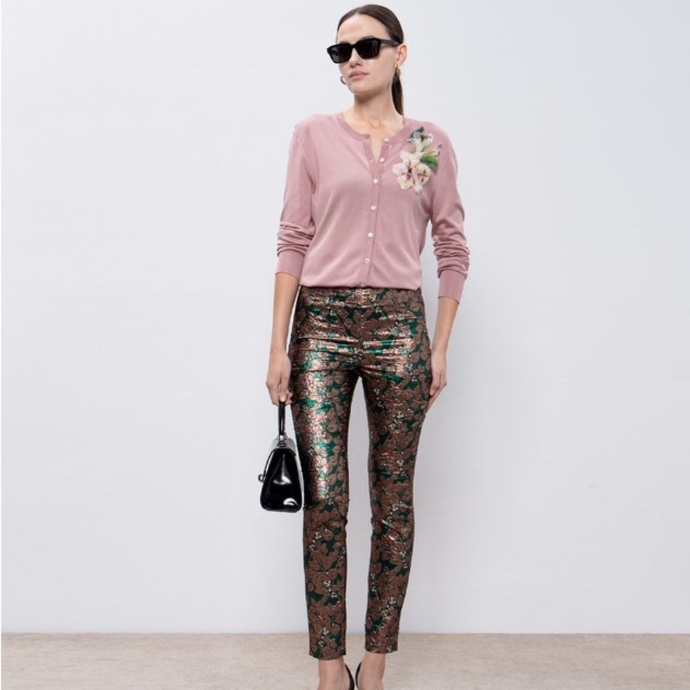 Dolce & Gabbana bronze & green floral metallic cigarette ankle pants - 4 (IT 40)